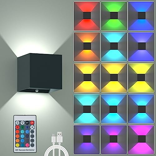SURPALIG LED Wall Lights for Room Decor, 16 Colors RGB Wall Lamp, Battery Operated Wall Sconce 6000mAh, Rechargeable, Remote Control, Dimmable, Cordless Wall Light for Bedroom Living Room, Black