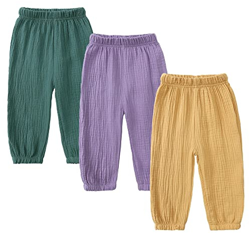 Kids Tales 3 Pack Boys Girls Cotton Linen Pants Child Basic Plain Solid Trousers Big Kids Elastic Waist Long Pants Bloomers