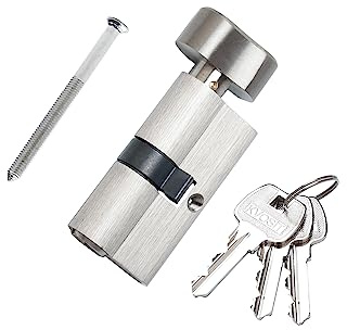 60MM Solid Brass Lock Cylinder with 3 Brass Keys Satin Nickel Color Cylinder Door Lock Replacement (Color:Satin Nickel, 60MM-Thumbturn,Material: Brass)