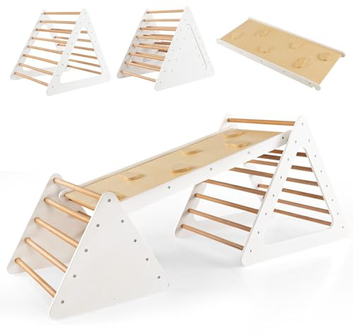 COSTWAY 3 en 1 Triángulo de Escalada con Rampa, Set de Escalada para Niños, 3 Piezas con 2 Escaleras Triangulares y 1 Rampa de Escalada, Juguetes Triangulares de Escalada (Blanco)