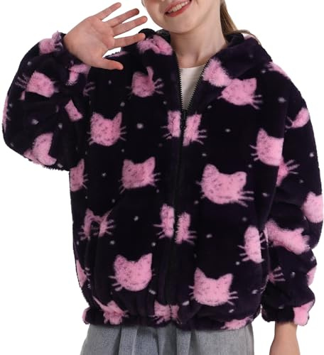 SEAUR Giacca coccolosa da ragazza soffice in pile Teddy con cappuccio per bambini coccolosa in peluche super morbida cappotto felpa motivo cartone animato animale 130/150, 150