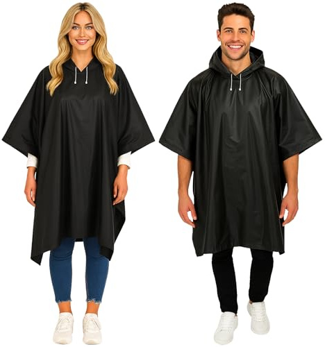 2 Pack Adult Raincoats - Waterproof Rain Coats for Men or Ladies - Reusable Poncho Festival Accessories - Black