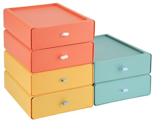 RETON 6 Stück Aufbewahrungsbox mit Schubladen, Stapelbare Schubladenbox, Schreibtisch Organizer Schubladen, Desk Organizer Box für Zimmer, Büro, Badezimmer (3 Farben)
