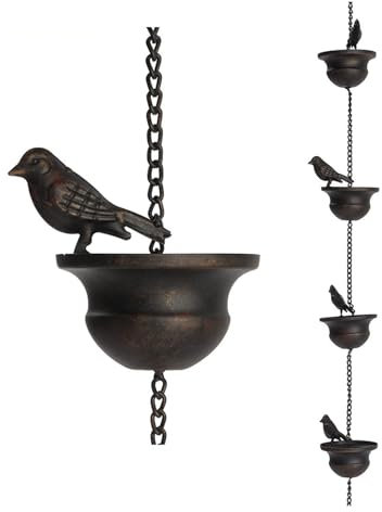 Gotoger 1 x Regenketten für Dachrinnen, mobile Vögel auf Tassen, Regenspiel, 2,5 m, mit befestigtem Aufhänger und Vögeln