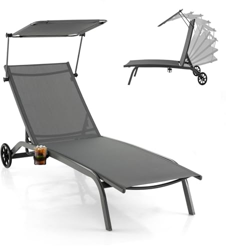 KOMFOTTEU Solstol med soltak, hjul och mugghållare, trädgårdsfåtölj av textil, liggstol med 5 gånger justerbart ryggstöd, strandstol kan belastas upp till 150 kg (grå)