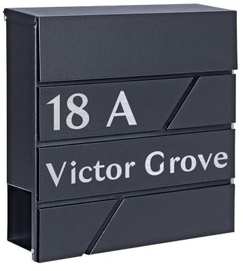 KreateSquare Personalised Contemporary Wall Mounted Post Box - Contemporary Lines Mailbox, Waterproof Letter Box, Key Lockable Postbox with Newspaper Slot (Black)