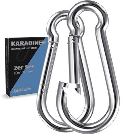 GARSIDURO® Karabinerhaken 2er Set 10x100 mm | Stahl Verzinkt DIN 5299 | Feuerwehr Karabiner Mit Schnappverschluss Als Schlüsselanhänger Oder Schwerlast Für Wohnwagen