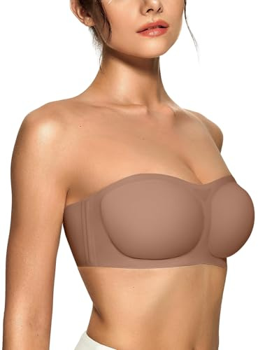 OEAK Womens Strapless Bras Jelly Push Up Bandeau Bra Non Slip Wireless Supportive Padded Bras Seamless Comfortable Tube Bra Coffee S