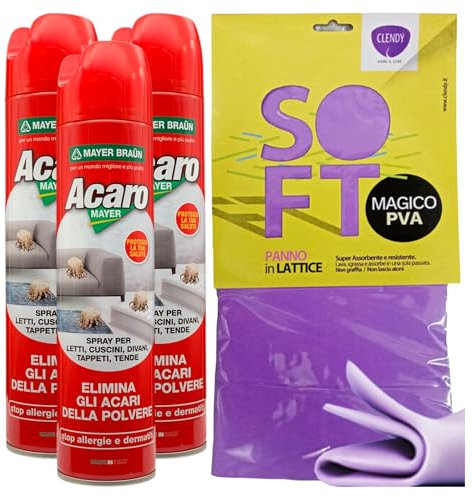 SET: 3x Spray Anti-ACARO Per Letti, Cuscini, Divani, Tappeti e Tende. Elimina Gli Acari Della Polvere 400ml + Panno In Lattice SOFT, Formato 30x30