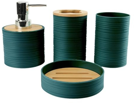 Gralara 4 Pezzi Set Accessori Bagno Porta Sapone Dispenser Sapone Portaspazzolini Bicchiere Moderno Materiale PP Adatto per Famiglia Hotel Decorazione Bagno, Verde Scuro