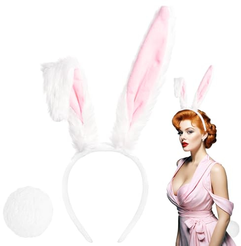 Orejas y cola de conejo blancas, orejas de conejo blancas y cola de conejo, diadema larga de conejo peluda, accesorios de disfraz de conejo para mujer, Pascua, fiesta de Halloween