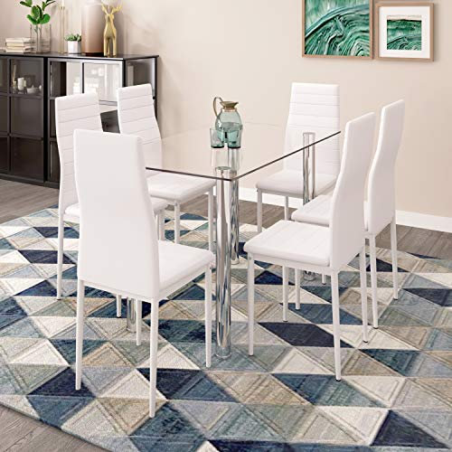 Moderno juego de mesa de comedor de cristal con 6 sillas, mesa rectangular, asientos acolchados suaves, muebles de comedor blancos
