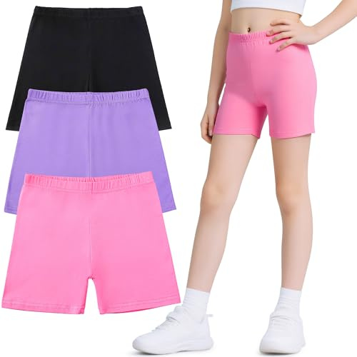 Domueay Pantaloncini Leggings per Ragazze, Pacco da 3, Cotone Estivi Shorts Corti Pantaloni da Ciclismo Sport Elasticizzati Comodo Sportive Danza Bambina Capri Legging 5-6 Anni, Nero Viola Rosa