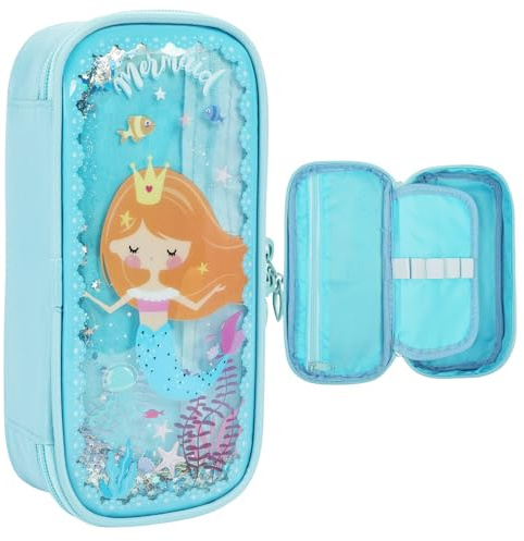 OFFCUP Federmäppchen mit 3 Fächer wasserdichte Mäppchen Etui Stifte mit Quicksand für Schule Büro Große Kapazität Pencil Case Reißverschluss für Kinder Teenager Mädchen Erwachsene -Meerjungfrau