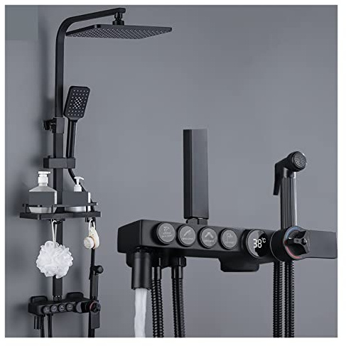 GYEQXKT Sistema de Ducha de baño, Sistema de Ducha con Pantalla, Grifo termostático Negro para bañera y Ducha, Grifo de bañera con repisa, Flujo de Agua Que Produce Electricidad, BlackGold
