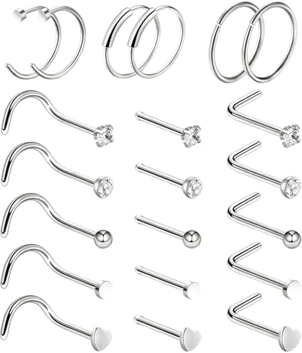 21-delars näspiercing-kit, rostfritt stål i silver, näsringar och L-formade med kubisk zirkonia, piercing-smycken för män och kvinnor
