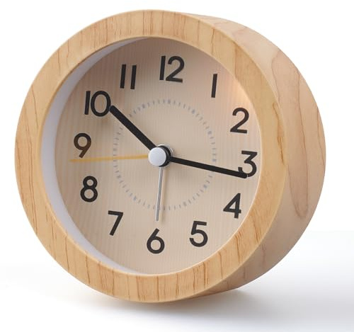 Voniobuy Réveil Matin sans Aiguilles, Silencieux sans tic-tac, en ABS léger & Recyclable à Motif de Bois, Veilleuse Douce, Idéal pour Les Enfants, Seniors et Le Voyage.
