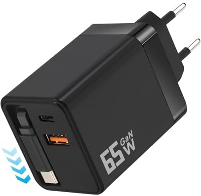 Cargador USB C GaN 65W con cable retráctil y 3 puertos (2 USB-C + 1 USB-A) Carga rápida PD 3.0 Compatible con MacBook Pro iPhone 16 iPad Galaxy S24 Switch Ordenador portátil Tableta Smartphone