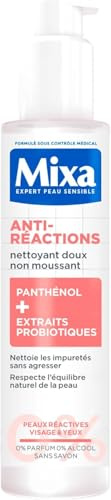 MIXA - Nettoyant Visage Anti-Réactions - Elimine les Impuretés Sans Agresser - Non Moussant, Sans Parfum, Sans Savon - Panthénol + Extraits Probiotiques - Tous Types de Peaux Réactives - 150 ml