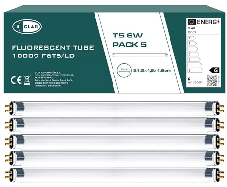 CLAR - Tubos Fluorescentes Pequeños, Tubos Fluorescente, Bombilla Fluorescente, Tubos Miniatura, Bombilla T5, 21,2 x 1,6 cm (6 Watts T5, Pack 5)