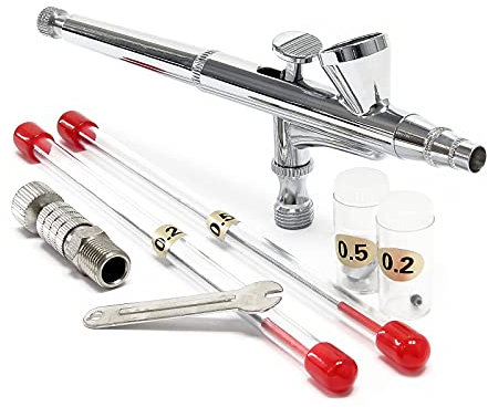 Wiltec Airbrush Pistole Typ 136T mit Double Action Funktion, Düse Ø 0,2-0,5 mm, 1 Farbbecher, Adapter für Modellbau, Nailart usw.