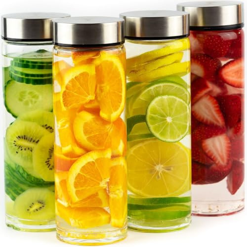 Juice Bottles - 4 Pack Wide Mouth Glass Bottles with Lids - for Juicing, Smoothies, Infused Water, Beverage Storage - 16oz, BPA Free, Stainless Steel Lids, Leakproof, Reusable, Borosilicate
