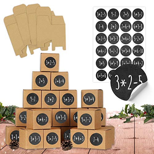 Papierdrachen DIY calendario de adviento para rellenar - tareas matemáticas - 24 cajas marrones naturales de cartón de 400g/m² para montar y decorar - Navidad