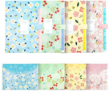 POTTIIS Flower Design Expanding File Folders, 8 Pocket, 4 Pack, A4 Letter Size, Poly Material, 12.8 x 9.3 in