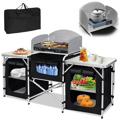 YUENFONG Campingschrank CampingKüche Reiseschränke, Aluminium und MDF Schrank mit Tragetasche, für Außenaktivitäten,Partys,Camping-Enthusiast(Type A)