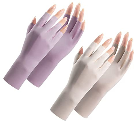 Andiker Guanti da donna con protezione solare UV, 2 paia, guanti estivi traspiranti in seta di ghiaccio con protezione solare, mezze dita, per equitazione, golf, pesca, ciclismo, unghie in gel