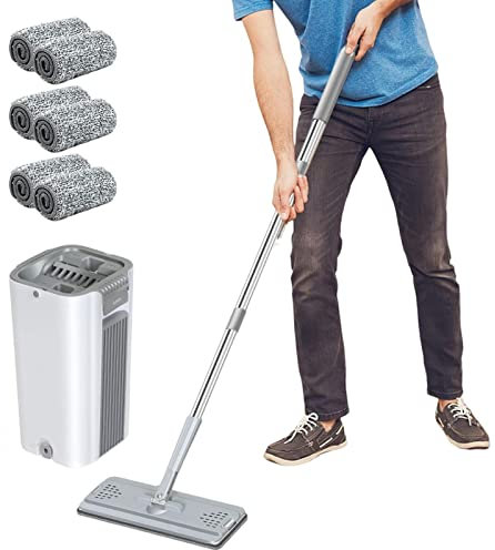 PW TOOLS Mopa Microfibre con Cubo Escurridor, Mopa Fregona Plana con Manos Libres, Piso con 6 Almohadillas Microfibra, para Limpieza Pisos