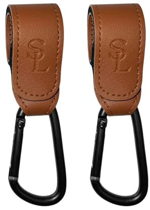Ganchos para Carrito de Bebé. Mosquetón Universal para Colgar Bolsas, Bolso o Mochila. Soporte Resistente con Diseño en Piel | Pack de 2 (Marrón)
