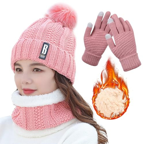 TYXHXTF Conjunto 3 en 1 de Punto: Gorro, Bufanda y Guantes Térmicos para Mujer - Calentar Sombrero de Invierno para Esquí, Deportes al Aire Libre y Uso Diario - Rosa