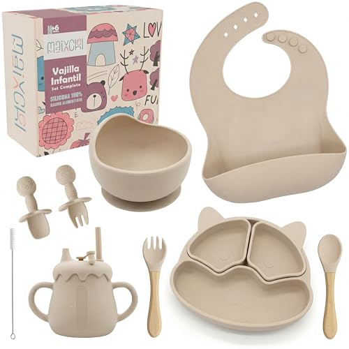 Vajilla Bebé Silicona – Set Completo BLW con Plato y Bol con Ventosa, Babero, Vaso Aprendizaje y 4 Cubiertos | Vajilla infantil a partir de 6 Meses | Regalo Bebé Libre de BPA – MAIXCHEL