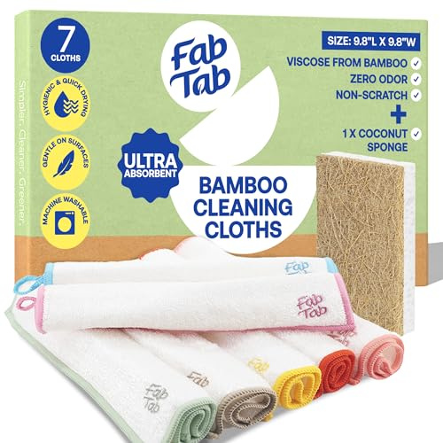Fab Tab Paños de limpieza de bambú de alta calidad, reutilizables y ultra absorbentes, toallas de microfibra suave para cocina, baño y limpieza multiusos, paquete de 7 unidades de tamaño grande