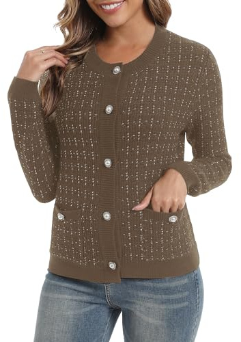 Mujeres Elegante Slim Fit Manga Larga Cuello Redondo Cárdigan Button Down Frente Abierto Punto Chaqueta con Bolsillos(XL, Camello Brezo)