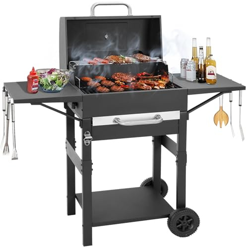 Portable BBQ Barbecue Grill Outdoor Compact Smoker Barbeque Charcoal BBQ Grill Smoker with Side Shelves Temperature Gauge, Warming Rack, and Air Vents for Camping and Garden