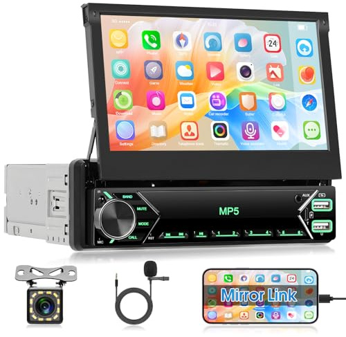 Autorradio Motorsi 1 DIN Bluetooth con Pantalla Retráctil 7 Pulgadas Autorradio, Salida De Video iOS & Android Visualización De Calendario Control Volante EQ Radio FM, Cámara De Marcha Atrás