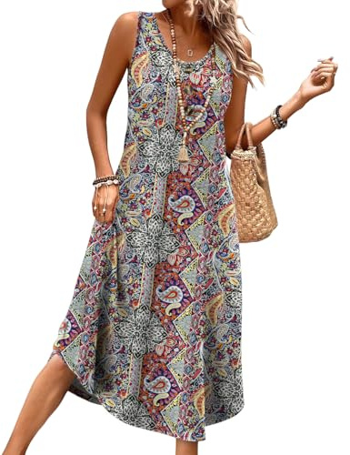 WIHOLL Summer Dresses for Women UK Ladies Sleeveless Dress Womens Button Front Beach Sundresses with Pockets Midi Length Dresses Size 14-16 Bohemian Color