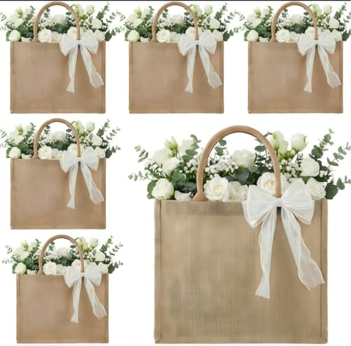 ZVQTD 6pcs Burlap Tote Bags Set with Handles, Large Jute Tote Waterproof Reusable Blank Grocery Bags with Ribbon 15*6*12 Inch for Bridesmaid Gift, Beach, Travel, Wedding Party Favors, DIY, Shopping