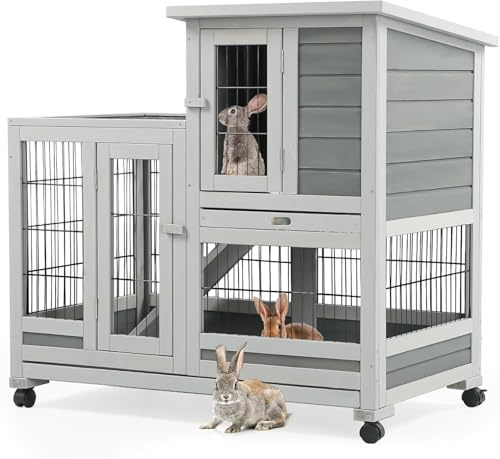 YODOLLA Hasenstall Kaninchenstall Kleintierstall für Kleintiere, 94 cm Meerschweinchenstall mit Auslauf, Indoor-Kaninchenkäfig mit 4 Rollen, herausnehmbaren auslaufsicheren Schalen & Leiter