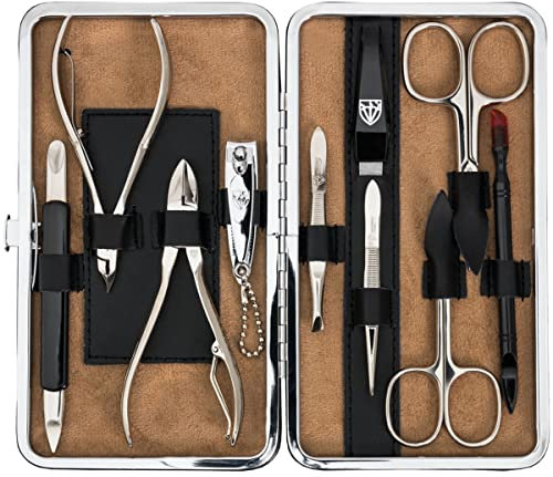 DREI SCHWERTER - Germany 10-tlg. Maniküreset 'Berlin' | Nagelset im ECHT LEDER Rahmenetui schwarz | Inhalt: Nagelknipser, Hautschere, Pinzette, Nagelzange, Saphirnagelfeile, Fußnagelknipser uvm