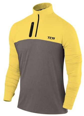 TCA Fusion Long Sleeve Running Top Men - Training Tops for Men - Golf Top Golf Clothing - 1/4 Zip Tops Mens - for Gym Hiking - Castlerock Grey/Sonic Yellow, M