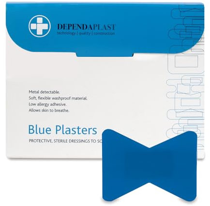 Dependaplast Food Area Blue Plasters With High Visibility And Metal Detection Properties, Easily Detectable, Individually Wrapped - Fingertip Box of 50