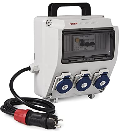 FAMATEL – Caja industrial precableada | IP44 | Con asa | 3 tomas | 2P+TTL | 16A | 250V Diferencial con magnetotérmico | Cable 1,5 m | 3 x 2,5