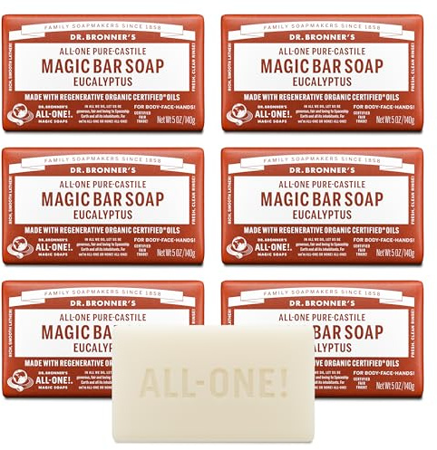 Dr. Bronner's Pure-Castile Magic Soap Bars (Eucalyptus, 5 oz, 6-Pack)- Made with Regenerative Organic Certified Oils for Face, Body & Hair - Gentle, Vegan- Bar Soaps for Men & Women