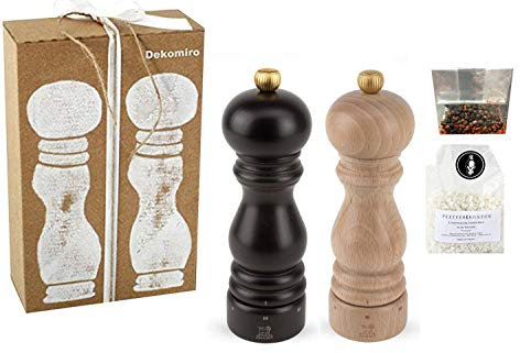 Dekomiro Peugeot Set Paris Pfeffermühle und Salzmühle Schoko und Natur 18 cm u-Select Stiftung Warentest Sieger Heft 1/2016 Geschenkset mit 100 Gr. Salz und 20 Gr. Pfeffer
