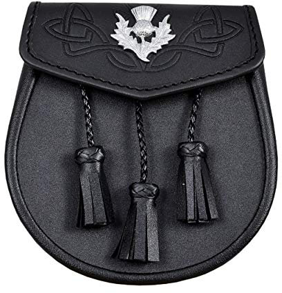 Sporran-Tasche aus geprägtem Leder mit 3 Quasten und Distelwappen