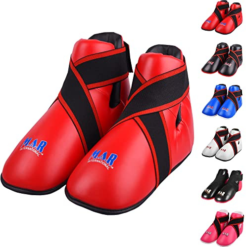 MAR | Red Martial Arts Foot Protector for Karate, Kickboxing, Muay Thai, Taekwondo, Karate K1 Kick Boots, Taekwondo Foot Protectors, Moulded Foam Padding Elasticated Toe Loops (Large)