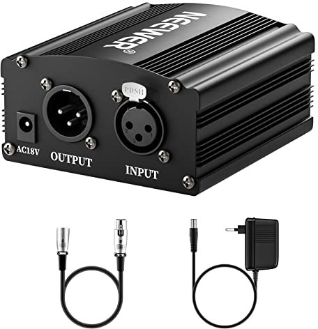NEEWER Alimentazione Fantasma a 1 Canale 48V con Adattatore e un Cavo XLR Audio a 3 Pin per Tutti i Microfoni a Condensatore e le Apparecchiature di Registrazione